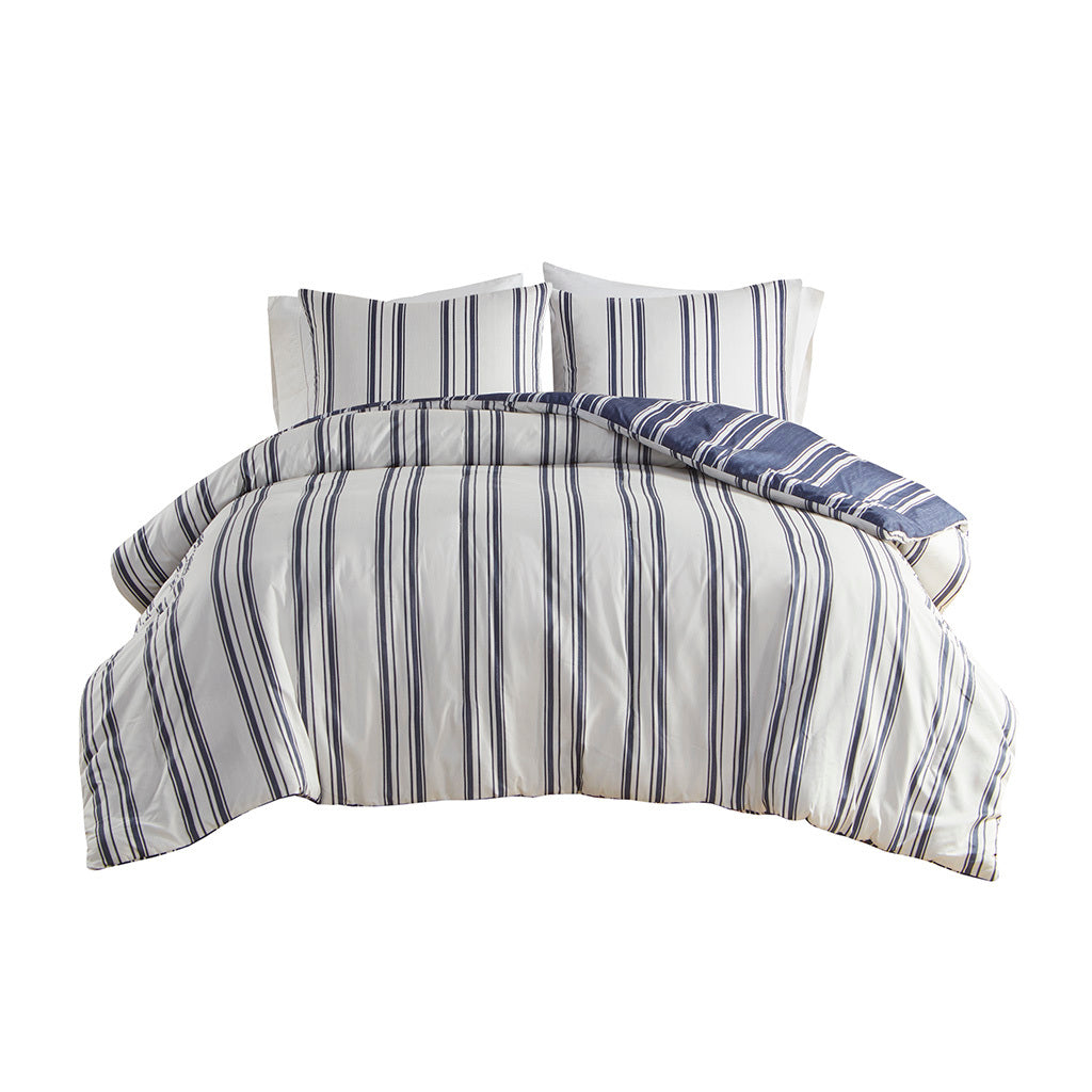 Striped Reversible Comforter Set King Navy Polyester