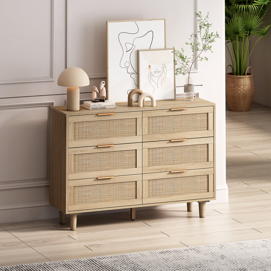 43.31"6 Drawers Rattan Storage Cabinet Rattan Drawer,For Bedroom,Living Room,Natural Natural Particle Board