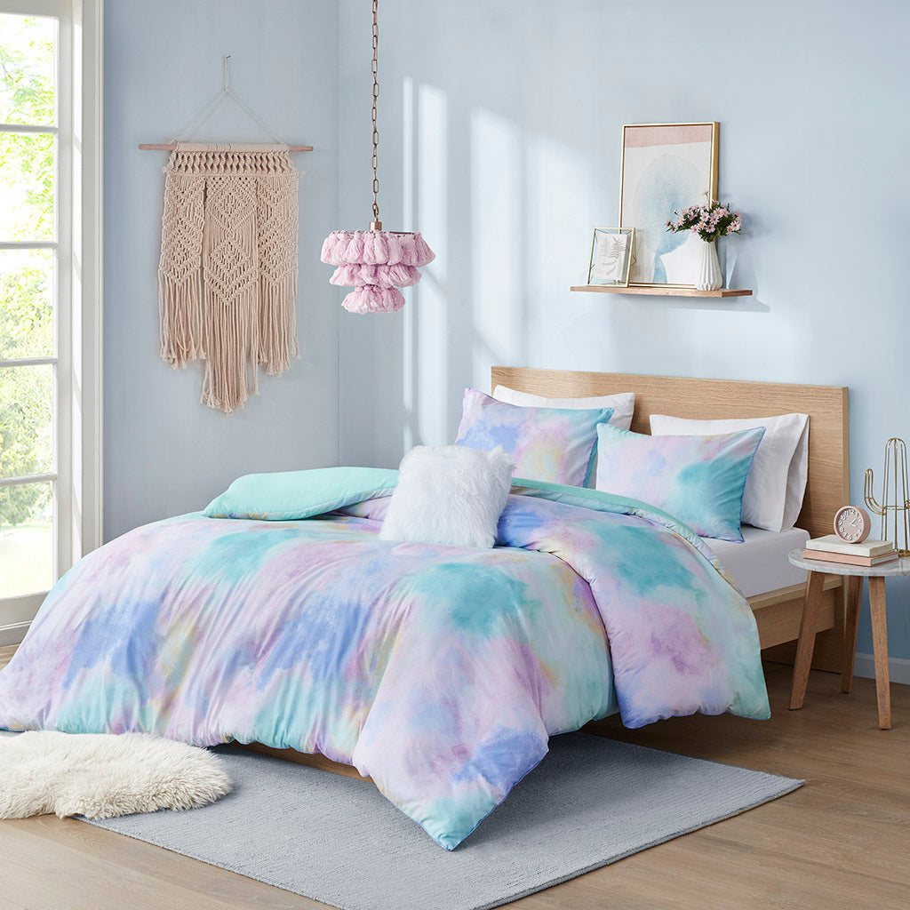 Watercolor Tie Dye Printed Duvet Cover Set With Throw Pillow Twin Aqua Polyester