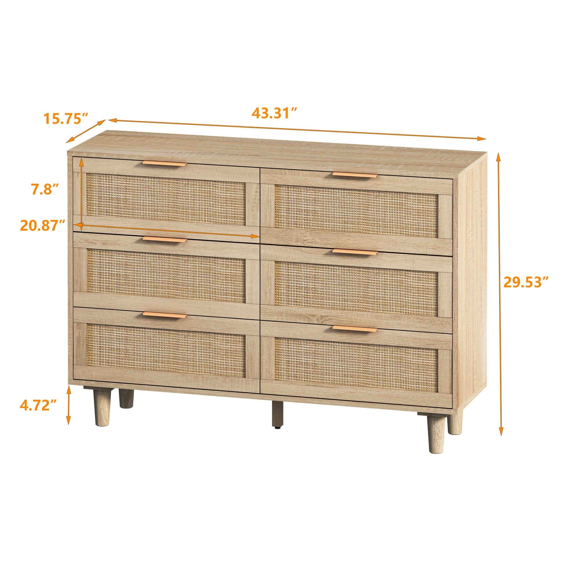 43.31"6 Drawers Rattan Storage Cabinet Rattan Drawer,For Bedroom,Living Room,Natural Natural Particle Board