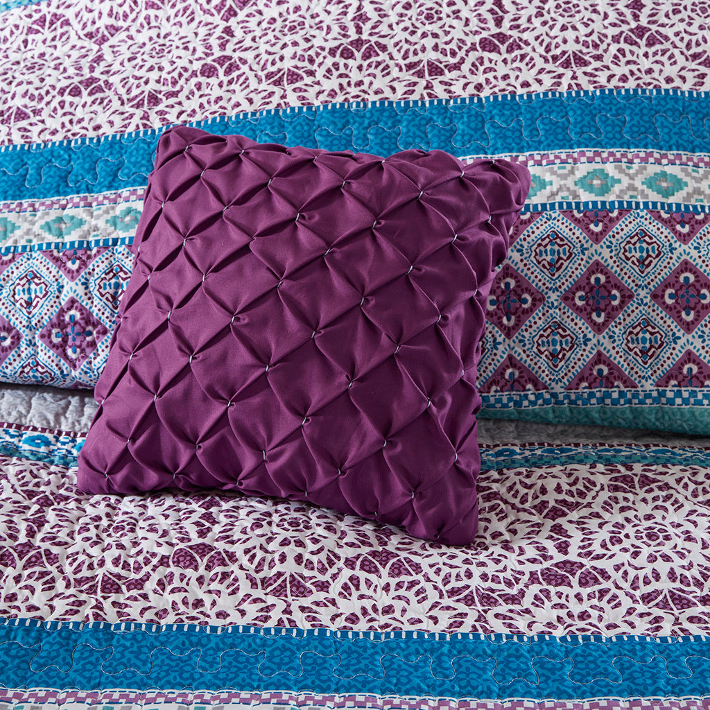 Reversible Quilt Set With Throw Pillows Twin Purple Cotton