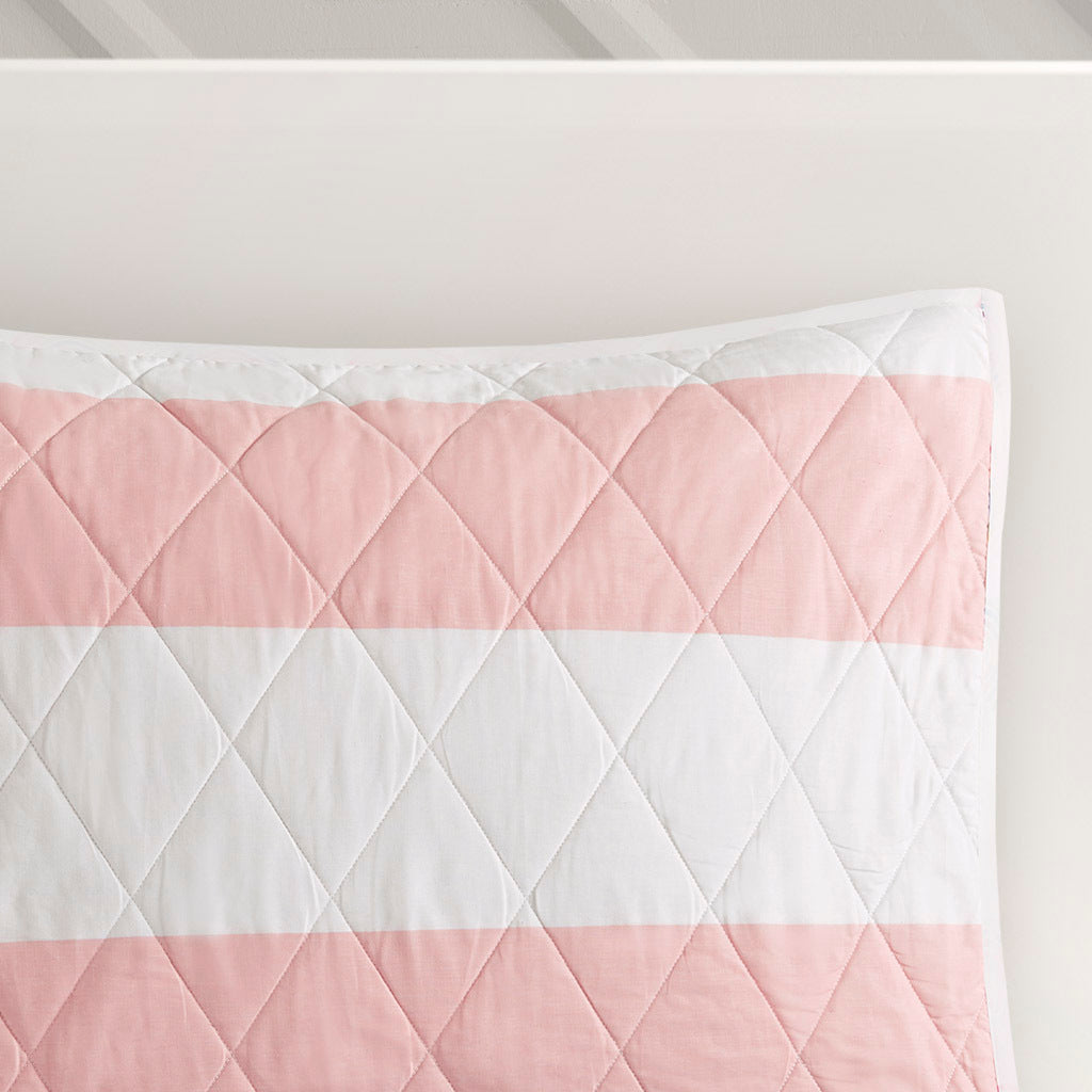 Cotton Cabana Stripe Reversible Quilt Set With Rainbow Reverse Twin Pink Cotton
