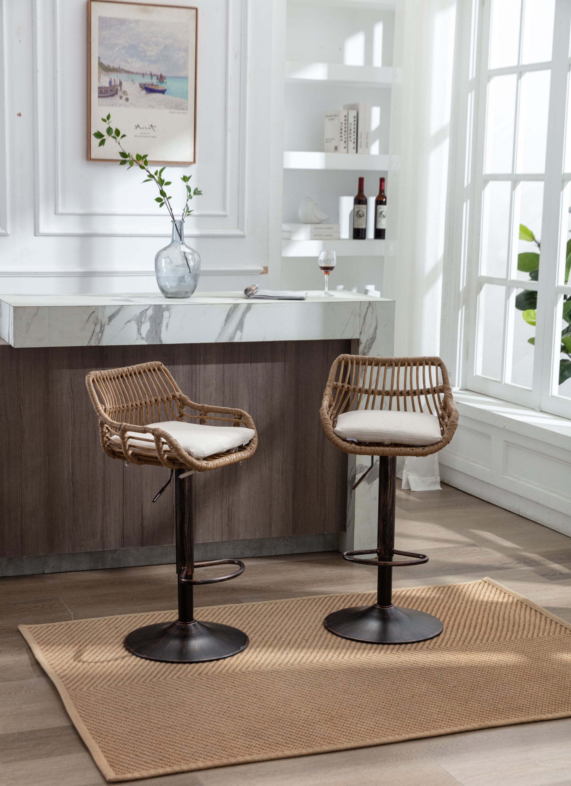 Coolmore Swivel Bar Stools Set Of 2 Adjustable Counter Height Chairs With Footrest For Kitchen, Dining Room 2Pc Set Beige Polyester