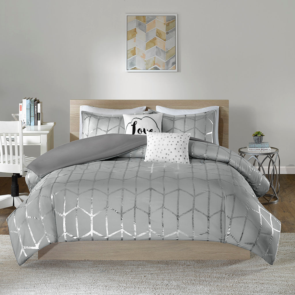 Metallic Printed Duvet Cover Set King Grey Silver Polyester