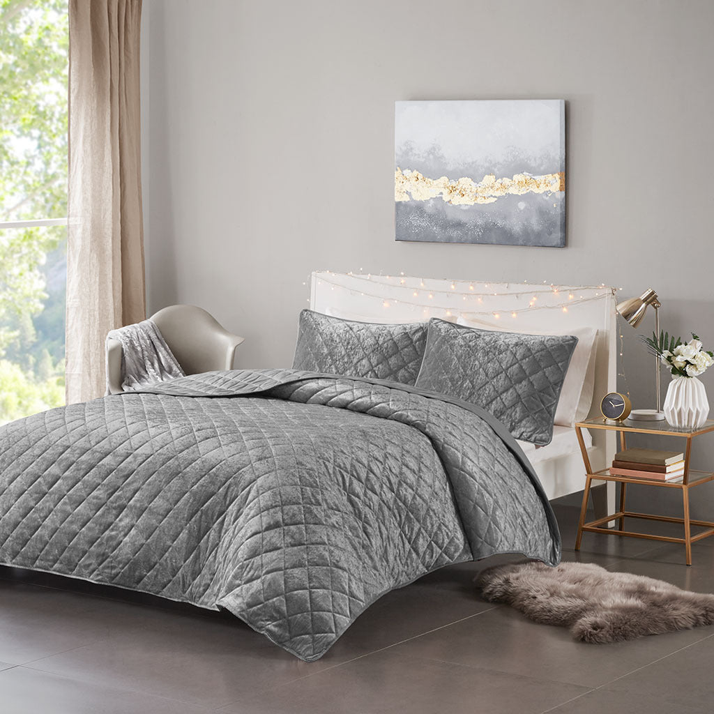 Velvet Quilt Set Full Grey Polyester