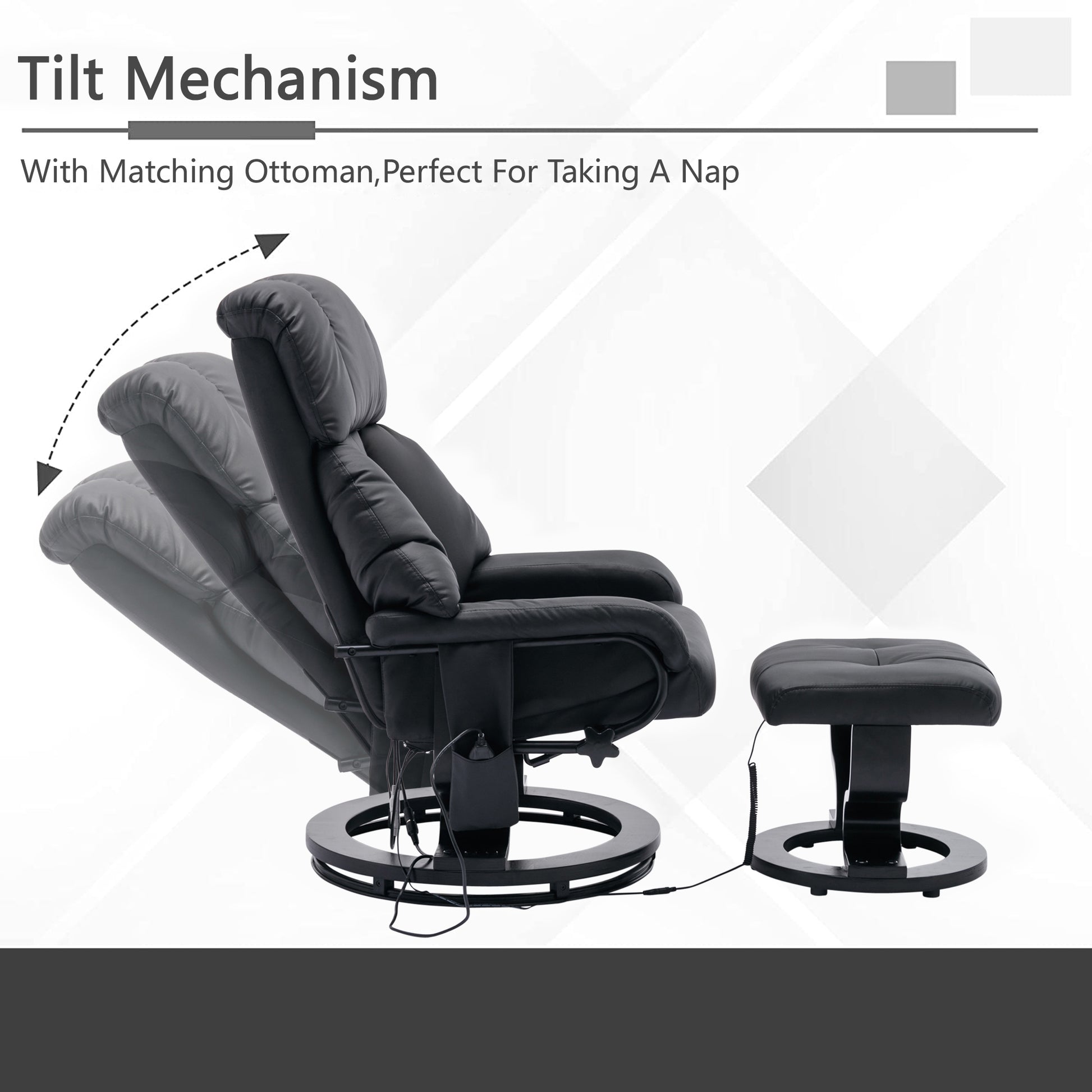 Recliner With Ottoman Footrest, Recliner Chair With Vibration Massage, Faux Leather And Swivel Wood Base For Living Room And Bedroom, Black Black Pu