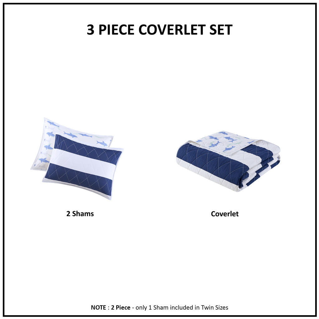 Cotton Cabana Stripe Reversible Quilt Set With Shark Reverse Full Navy Cotton