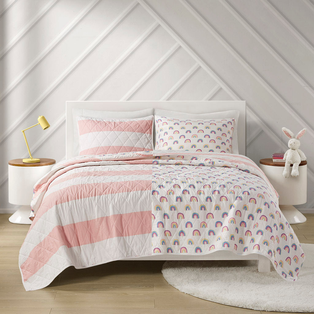 Cotton Cabana Stripe Reversible Quilt Set With Rainbow Reverse Twin Pink Cotton