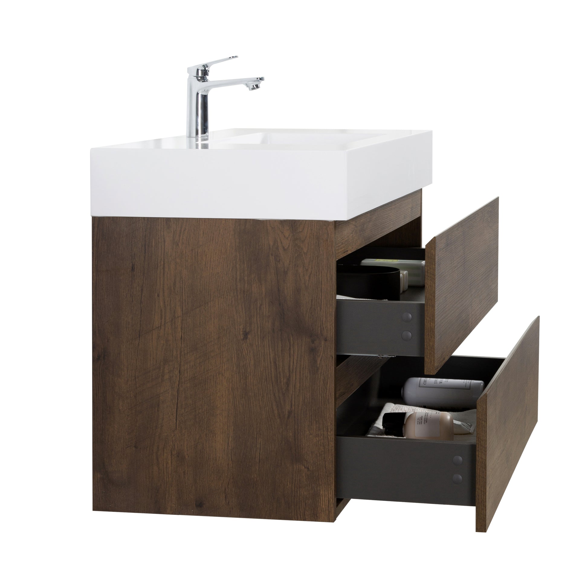 Alice 36" Walnut Bathroom Vanity With Sink, Large Storage Wall Mounted Floating Bathroom Vanity For Modern Bathroom, One Piece White Sink Basin Without Drain And Faucet, Pre Assembled White Walnut Melamine