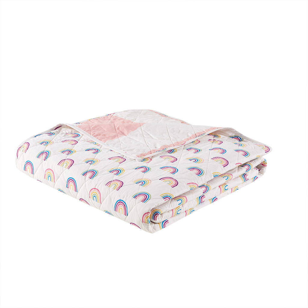 Cotton Cabana Stripe Reversible Quilt Set With Rainbow Reverse Twin Pink Cotton