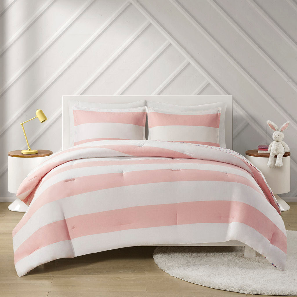 Cotton Cabana Stripe Reversible Comforter Set With Rainbow Reverse Twin Pink Cotton