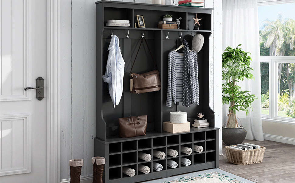 Modern Style Multiple Functions Hallway Coat Rack With Metal Hooks, Entryway Bench 60" Wide Hall Tree With Large Storage Space And 24 Shoe Cubbiesblack Old Sku: Wf286983Aab Black Mdf