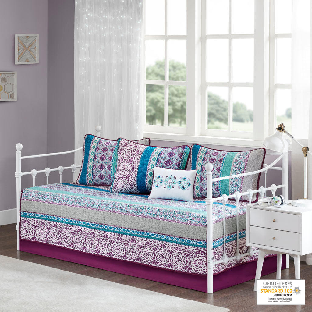 6 Piece Boho Reversible Daybed Set Twin Purple Cotton