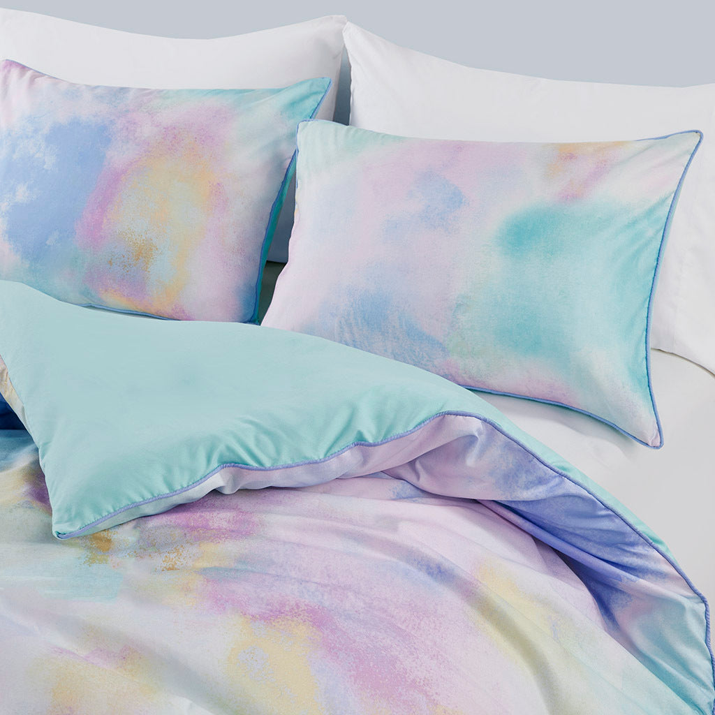 Watercolor Tie Dye Printed Duvet Cover Set With Throw Pillow Twin Aqua Polyester