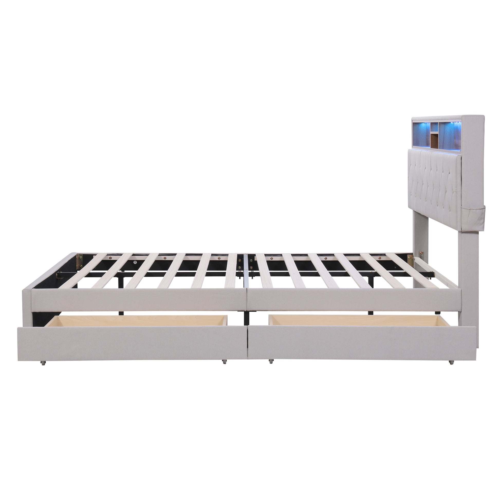 Queen Size Upholstered Platform Bed With Storage Headboard, Led, Usb Charging And 2 Drawers, Beige Beige Upholstered