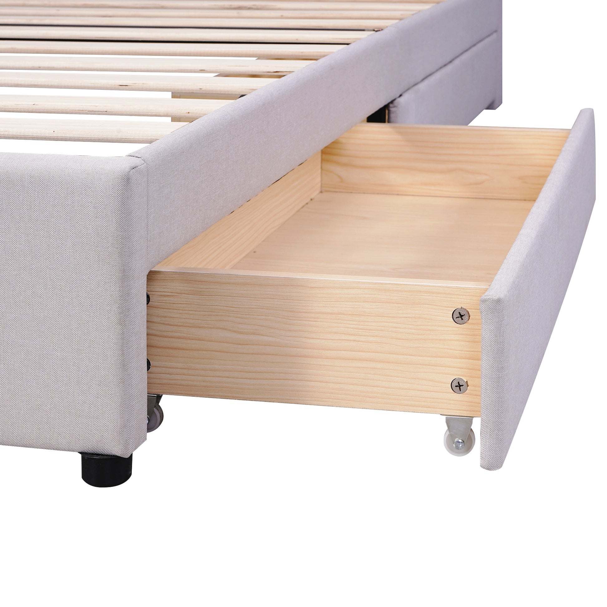 Full Size Upholstered Platform Bed With Storage Headboard, Led, Usb Charging And 2 Drawers, Beige Box Spring Not Required Beige Wood Linen Upholstered