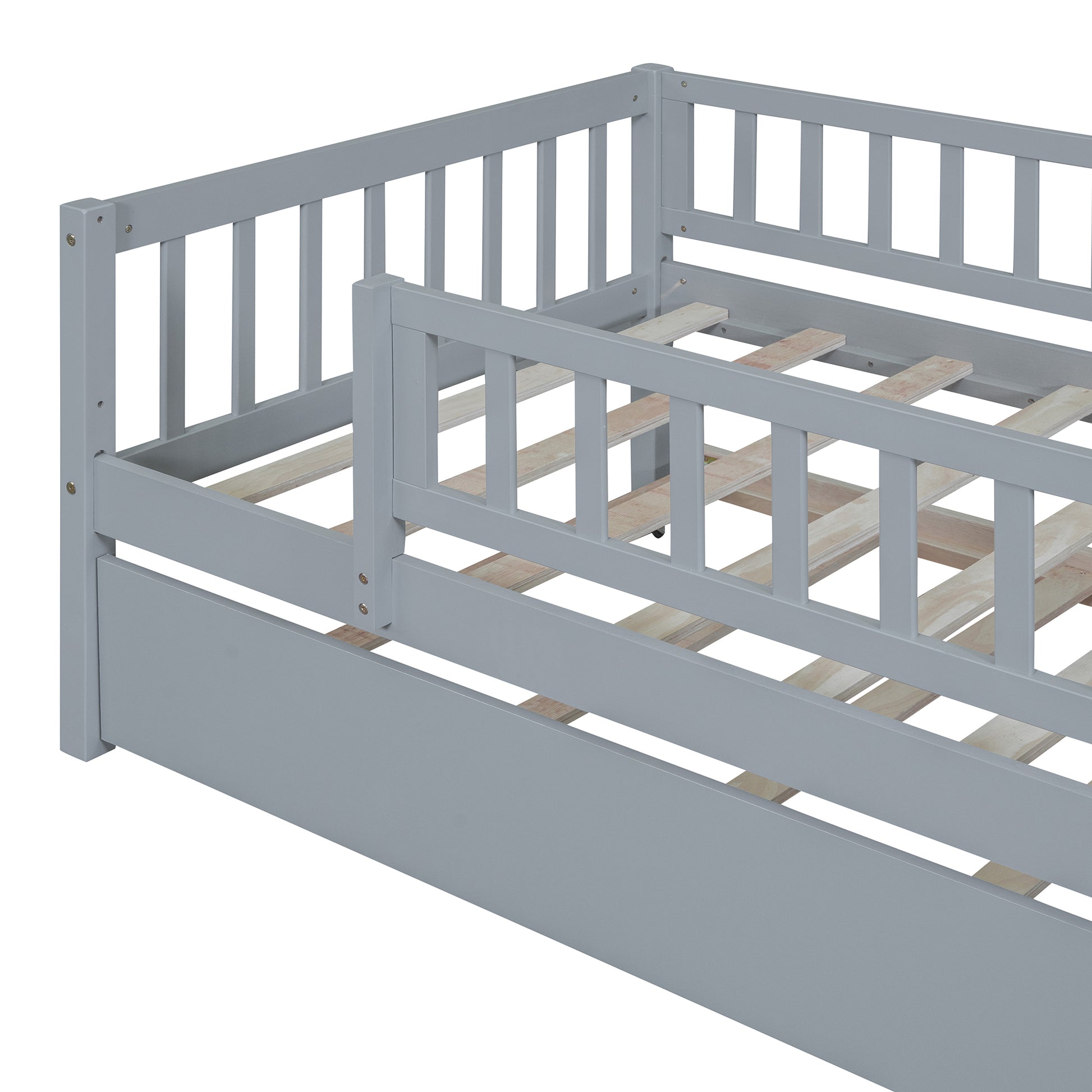 Twin Size Wood Daybed With Trundle And Fence Guardrails, Gray Twin Gray Solid Wood Mdf