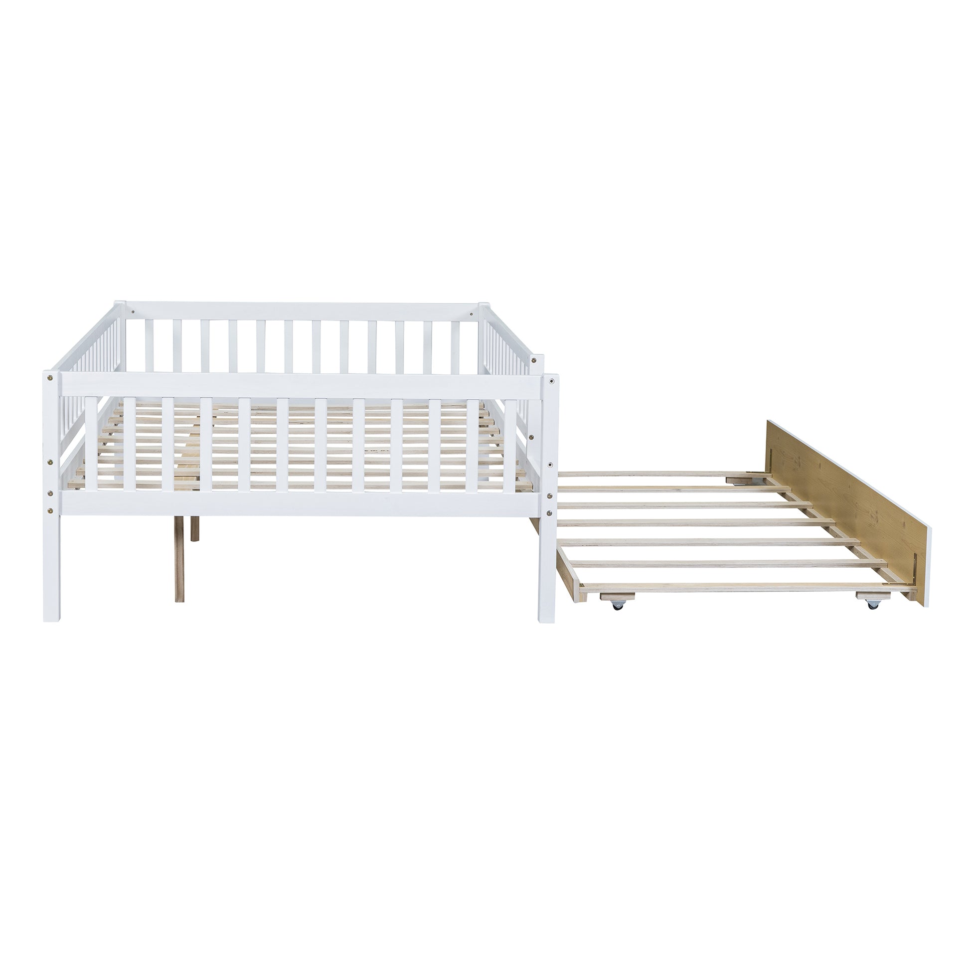 Full Size Wood Daybed With Trundle And Fence Guardrails, White Full White Solid Wood Mdf