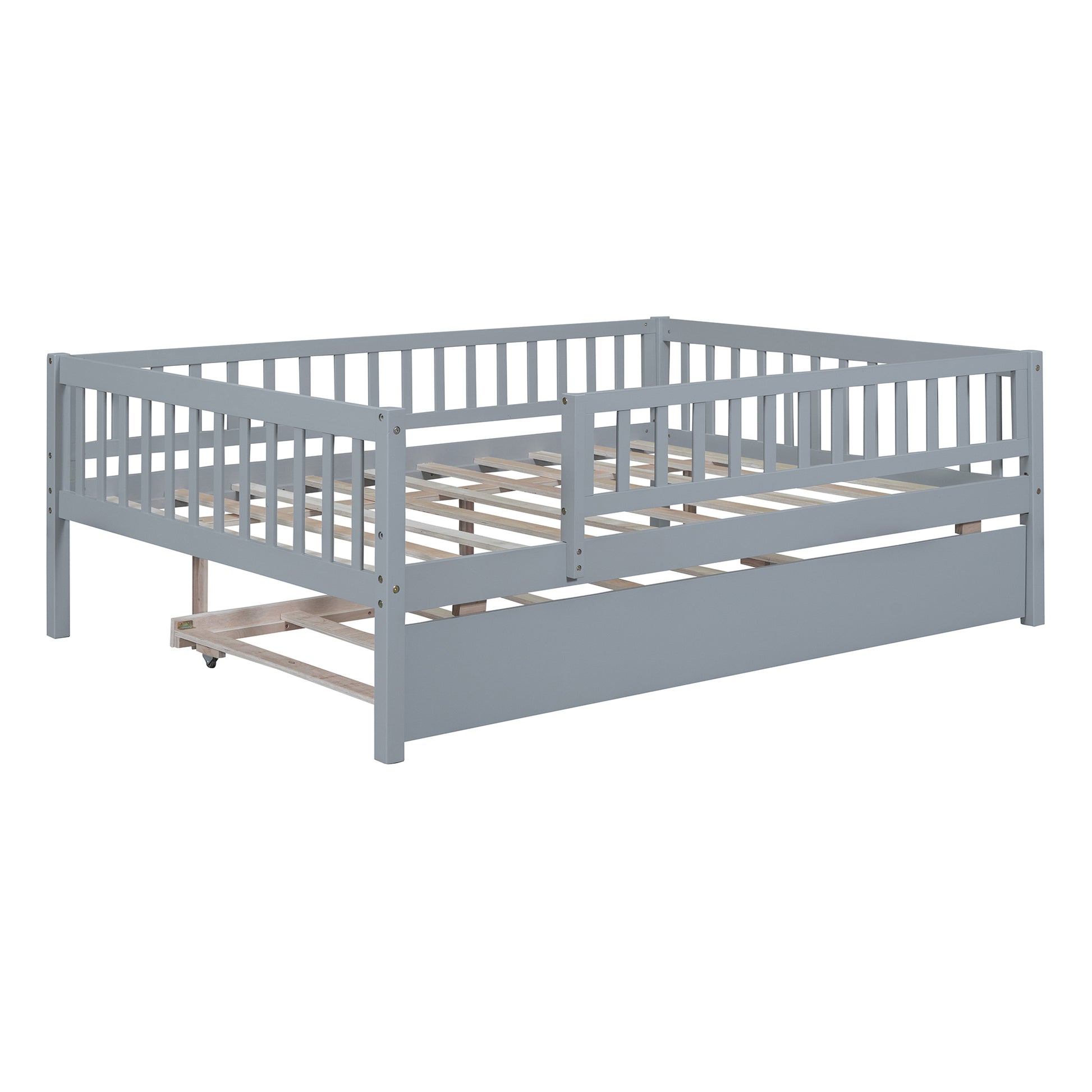 Full Size Wood Daybed With Trundle And Fence Guardrails, Gray Full Gray Solid Wood Mdf