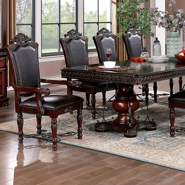 Majestic Traditional 2Pcs Arm Chairs Brown Cherry Solid Wood Faux Wood Carved Details Blackseats Formal Dining Room Furniture Brown Brown Dining Room Luxury,Traditional,Vintage Dining Chairs