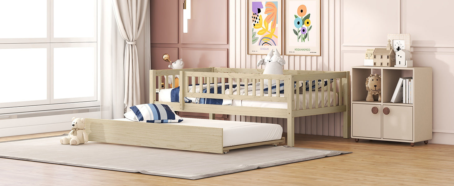 Twin Size Wood Daybed With Trundle And Fence Guardrails, Natural Twin Natural Solid Wood Mdf