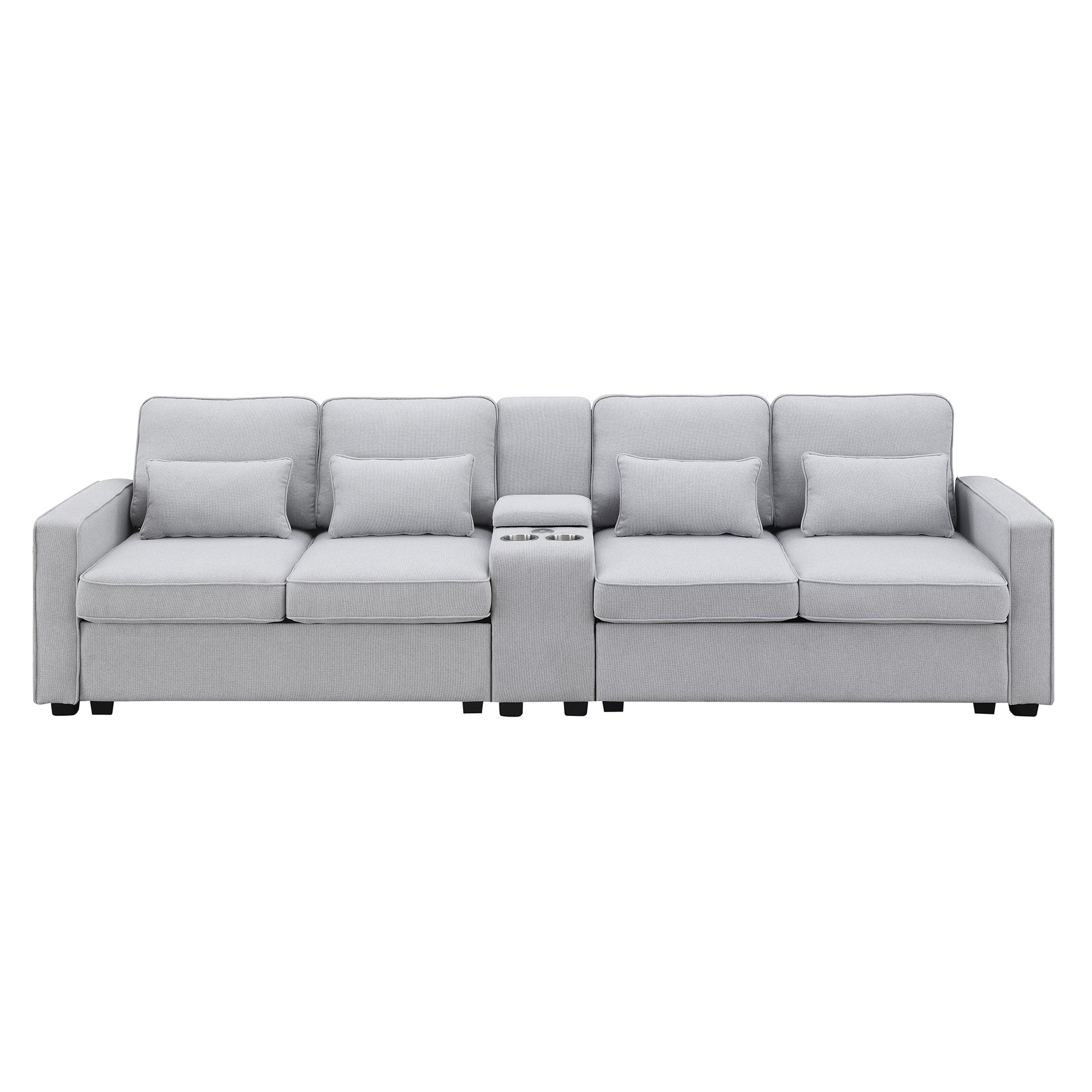 114.2" Upholstered Sofa With Console, 2 Cupholders And 2 Usb Ports Wired Or Wirelessly Charged, Modern Linen Fabric Couches With 4 Pillows For Living Room, Apartment 4 Seat Light Gray Fabric 4 Seat