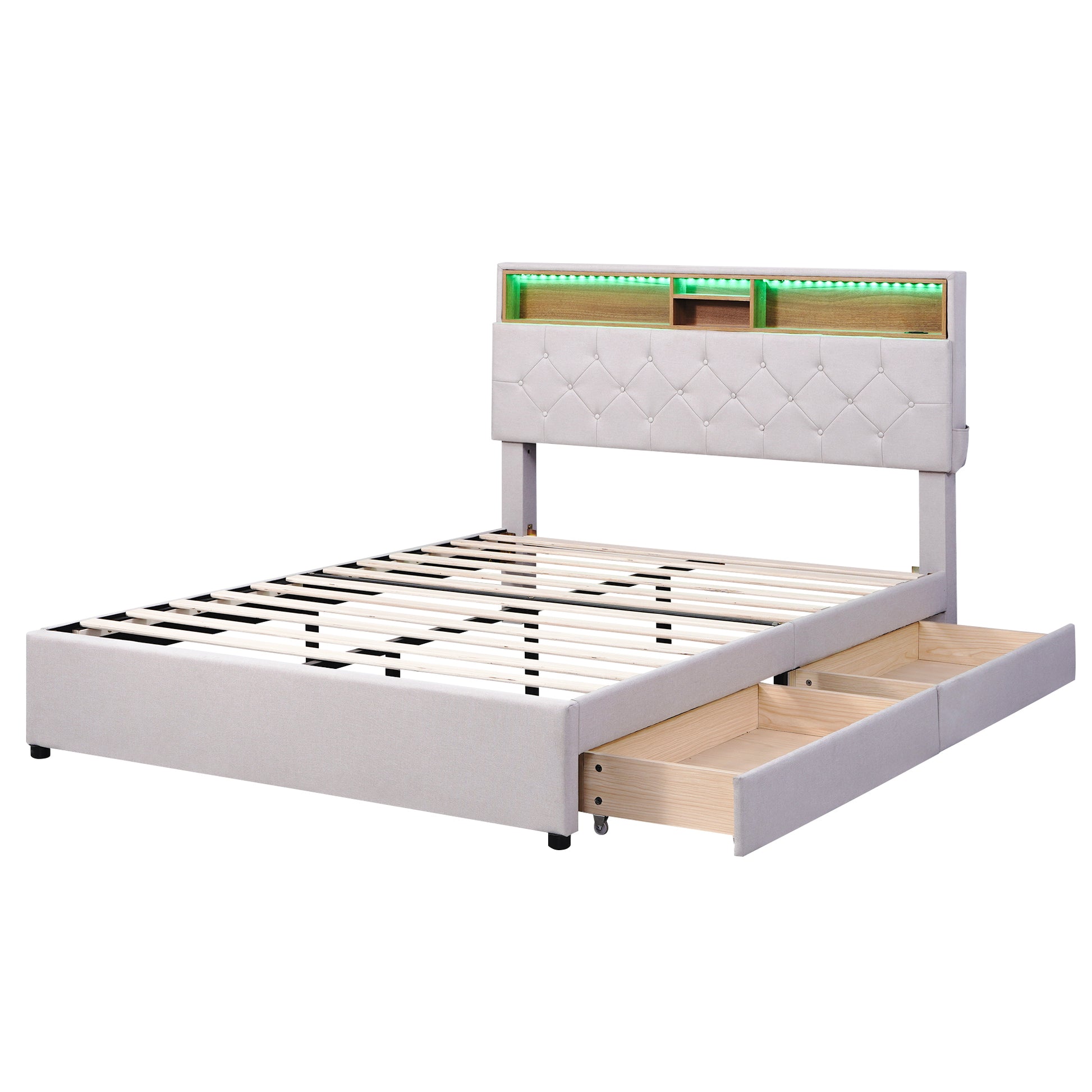 Full Size Upholstered Platform Bed With Storage Headboard, Led, Usb Charging And 2 Drawers, Beige Box Spring Not Required Beige Wood Linen Upholstered