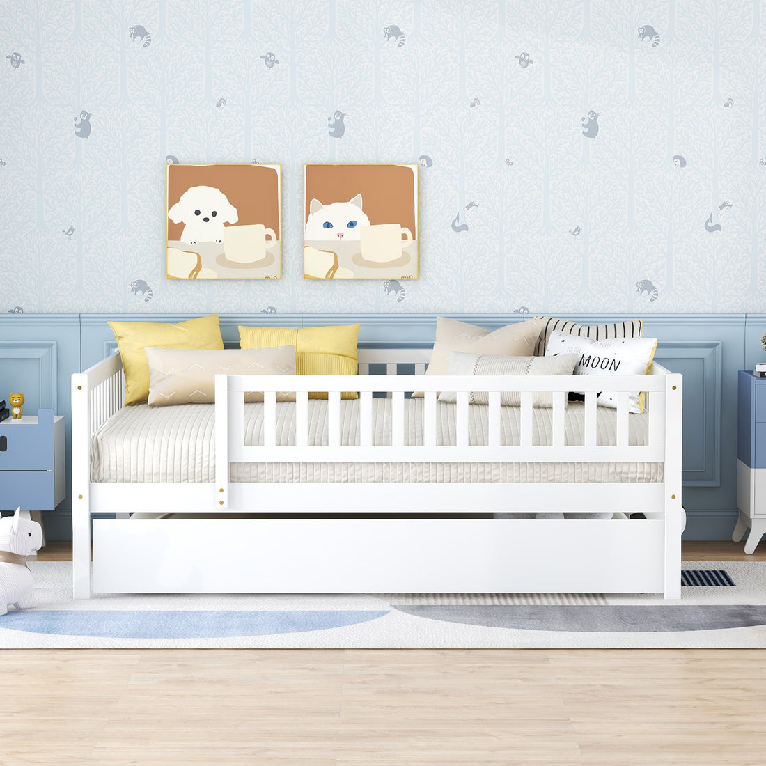 Full Size Wood Daybed With Trundle And Fence Guardrails, White Full White Solid Wood Mdf