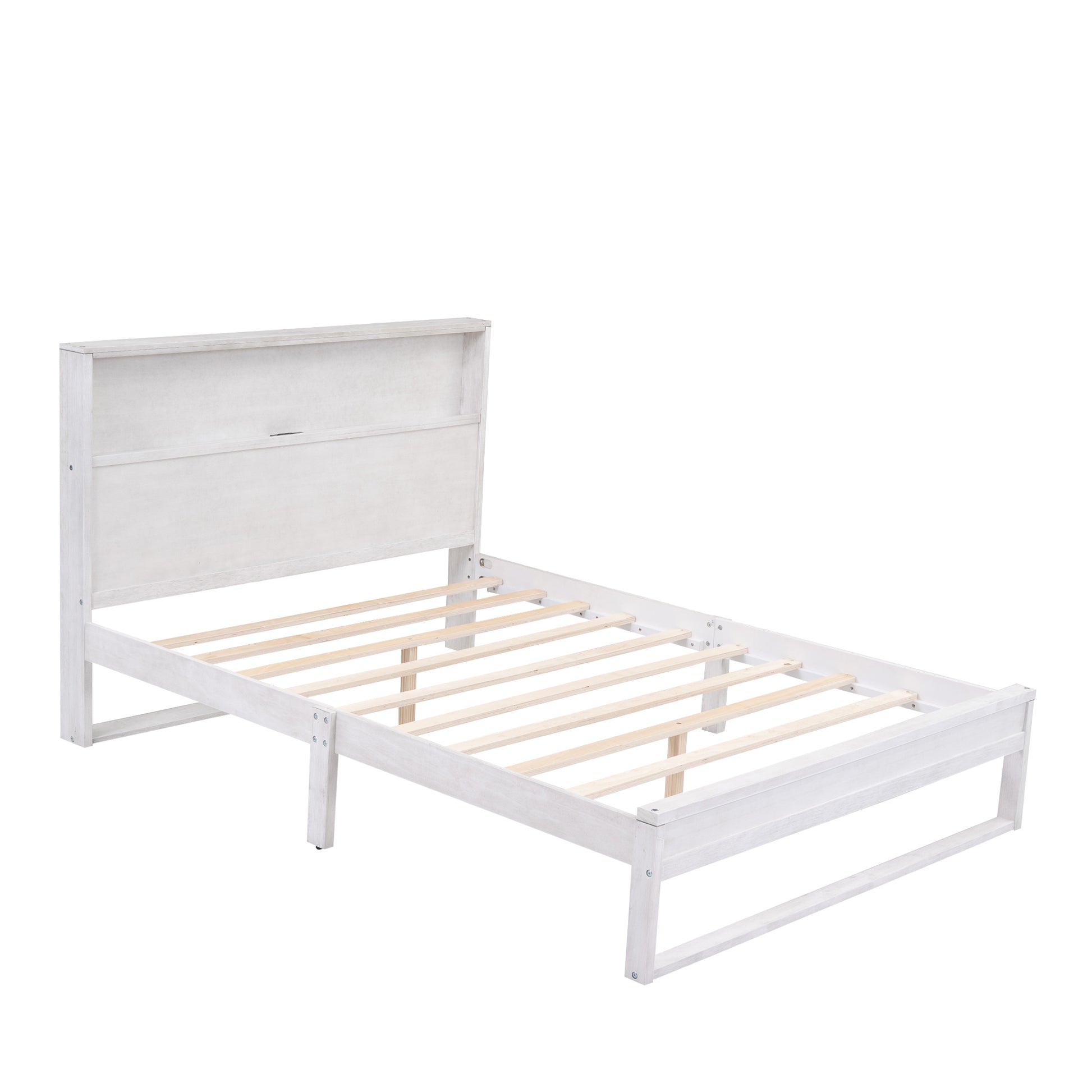 Platform Bed With Storage Headboard,Sockets And Usb Ports,Queen Size Platform Bed,Antique White Antique White Wood