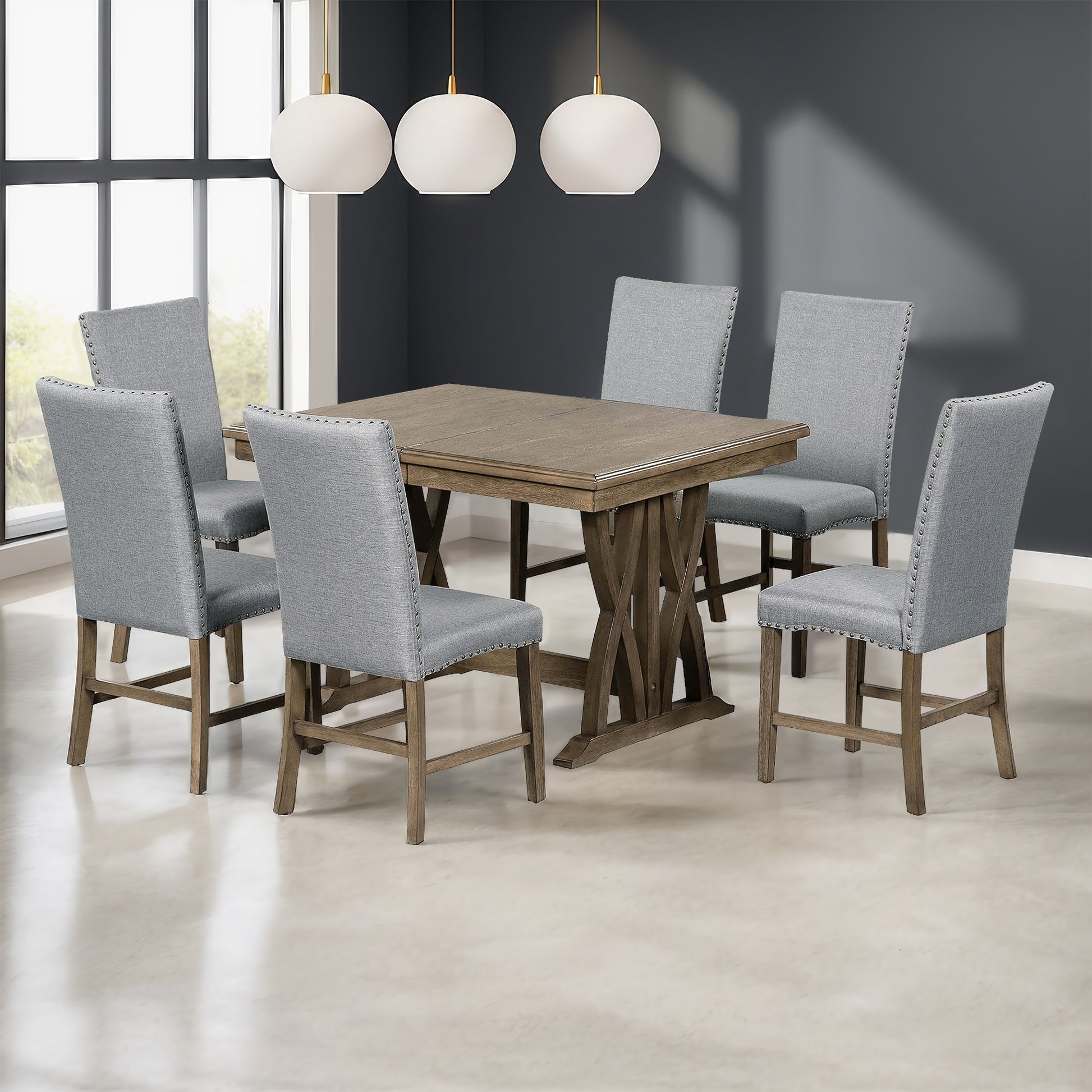 Mid Century Solid Wood 7 Piece Dining Table Set Extendable Kitchen Table Set With Upholstered Chairs And 12" Leaf For 6, Golden Brown Gray Cushion Brown Wood Dining Room Solid Wood Rubberwood Rectangular Dining Table With Chair Upholstered Chair Wood