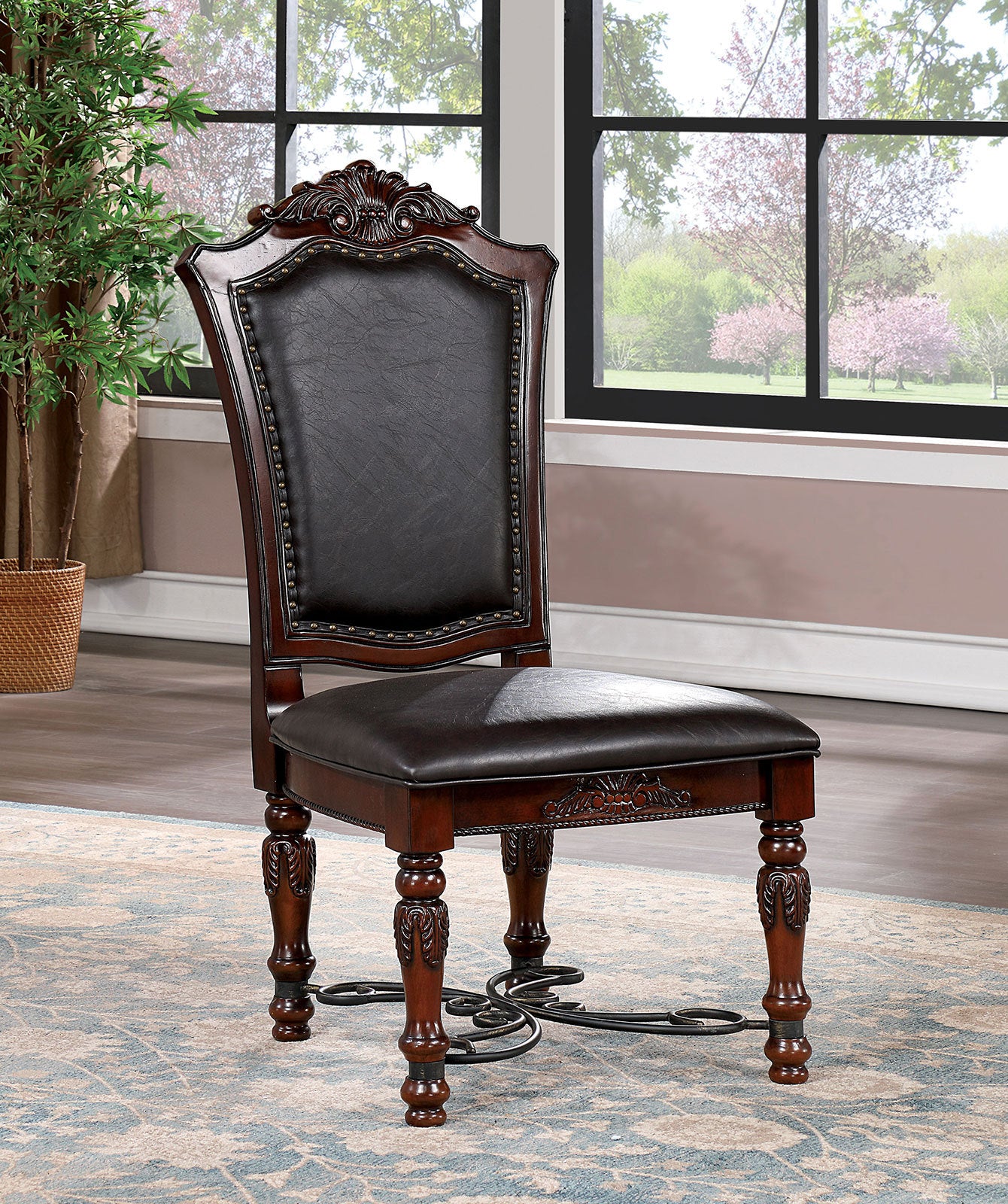 Majestic Traditional Set Of 2Pcs Side Chairs Brown Cherry Solid Wood Faux Wood Carved Details Blackseats Formal Dining Room Furniture Brown Brown Dining Room Luxury,Traditional,Vintage Dining Chairs Rubberwood Solid Back Solid Wood