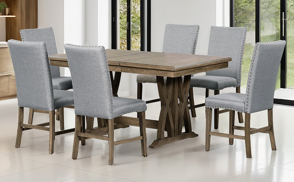 Mid Century Solid Wood 7 Piece Dining Table Set Extendable Kitchen Table Set With Upholstered Chairs And 12" Leaf For 6, Golden Brown Gray Cushion Brown Wood Dining Room Solid Wood Rubberwood Rectangular Dining Table With Chair Upholstered Chair Wood