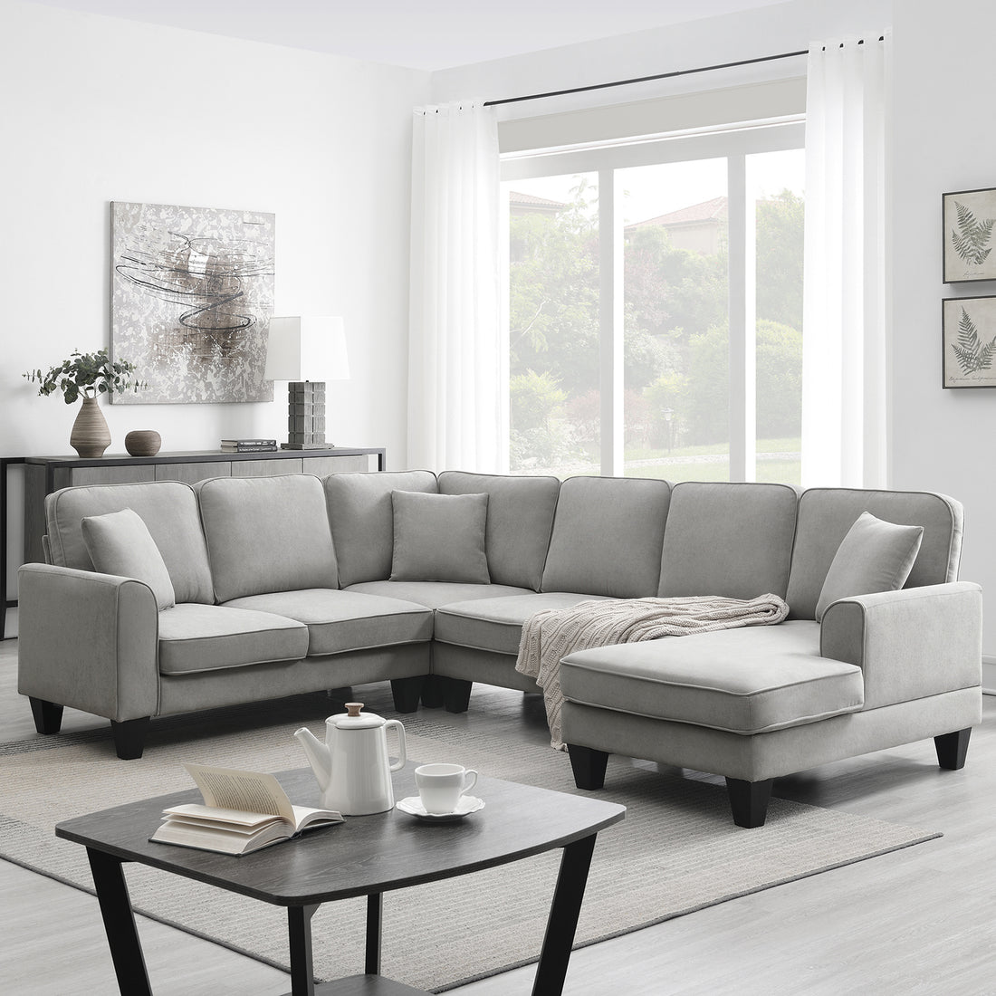 108*85.5" Modern U Shape Sectional Sofa, 7 Seat Fabric Sectional Sofa Set With 3 Pillows Included For Living Room, Apartment, Office,3 Colors Light Grey Fabric