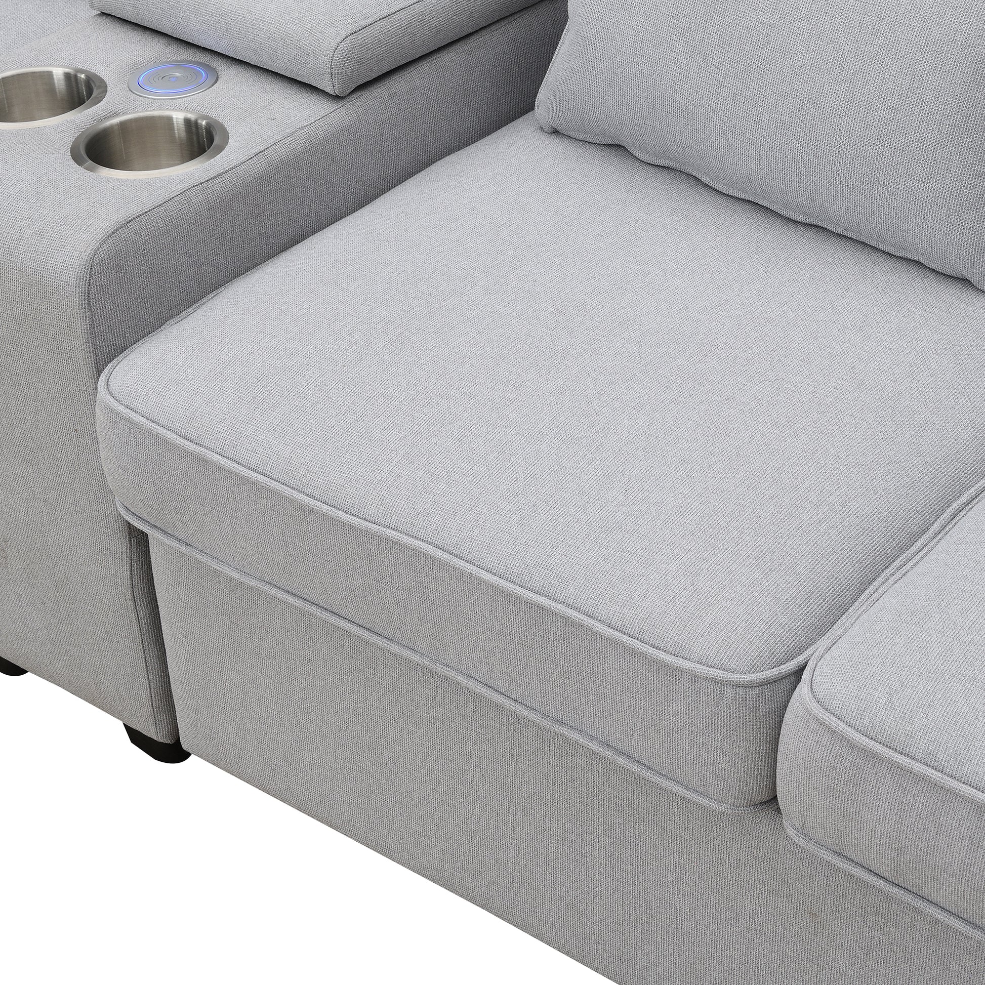 114.2" Upholstered Sofa With Console, 2 Cupholders And 2 Usb Ports Wired Or Wirelessly Charged, Modern Linen Fabric Couches With 4 Pillows For Living Room, Apartment 4 Seat Light Gray Fabric 4 Seat