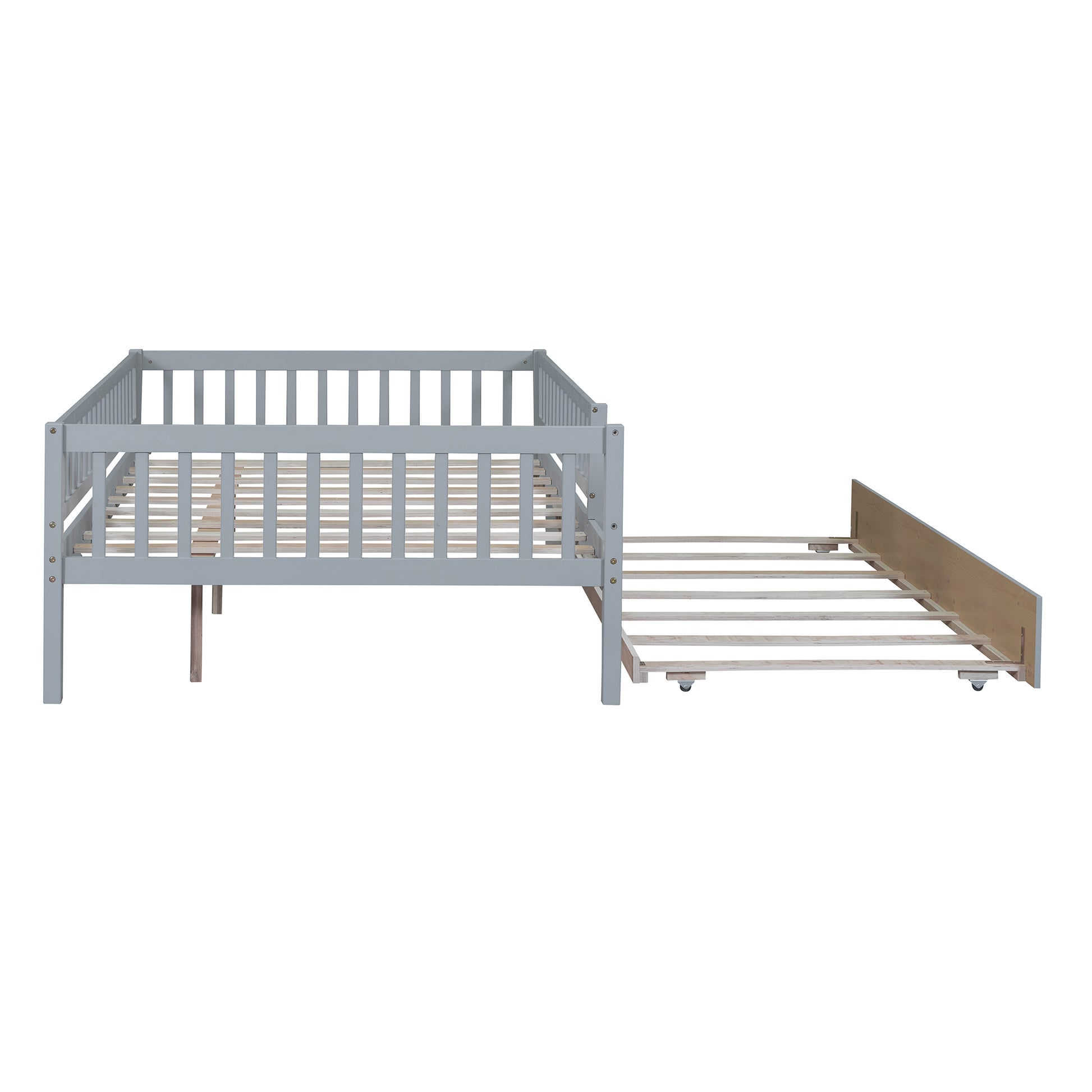 Full Size Wood Daybed With Trundle And Fence Guardrails, Gray Full Gray Solid Wood Mdf