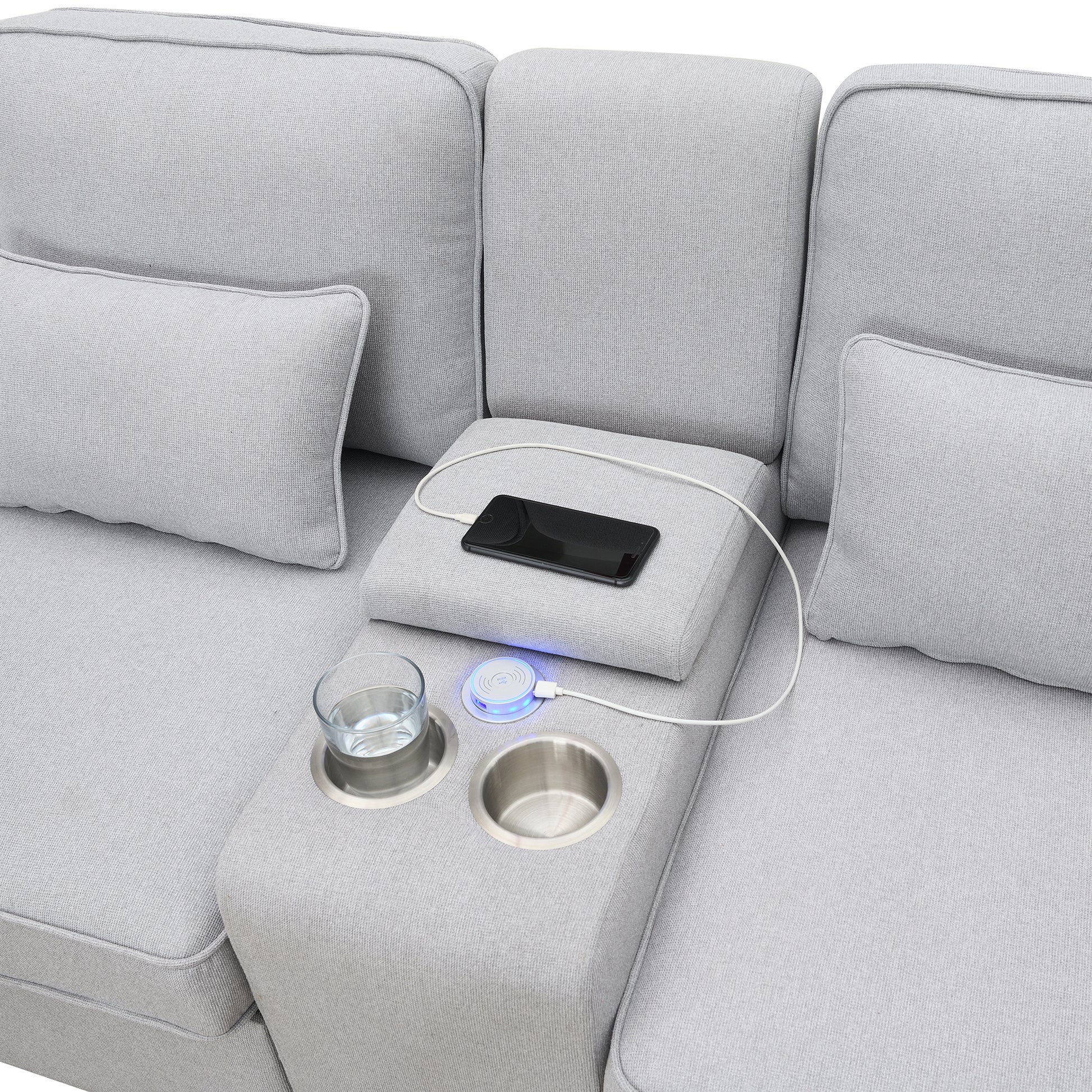 114.2" Upholstered Sofa With Console, 2 Cupholders And 2 Usb Ports Wired Or Wirelessly Charged, Modern Linen Fabric Couches With 4 Pillows For Living Room, Apartment 4 Seat Light Gray Fabric 4 Seat