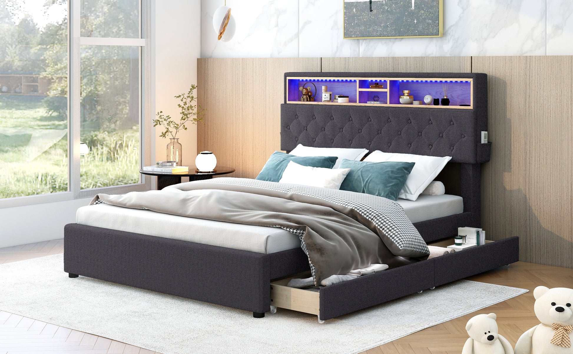 Full Size Upholstered Platform Bed With Storage Headboard, Led, Usb Charging And 2 Drawers, Dark Gray Box Spring Not Required Dark Gray Wood Linen Upholstered