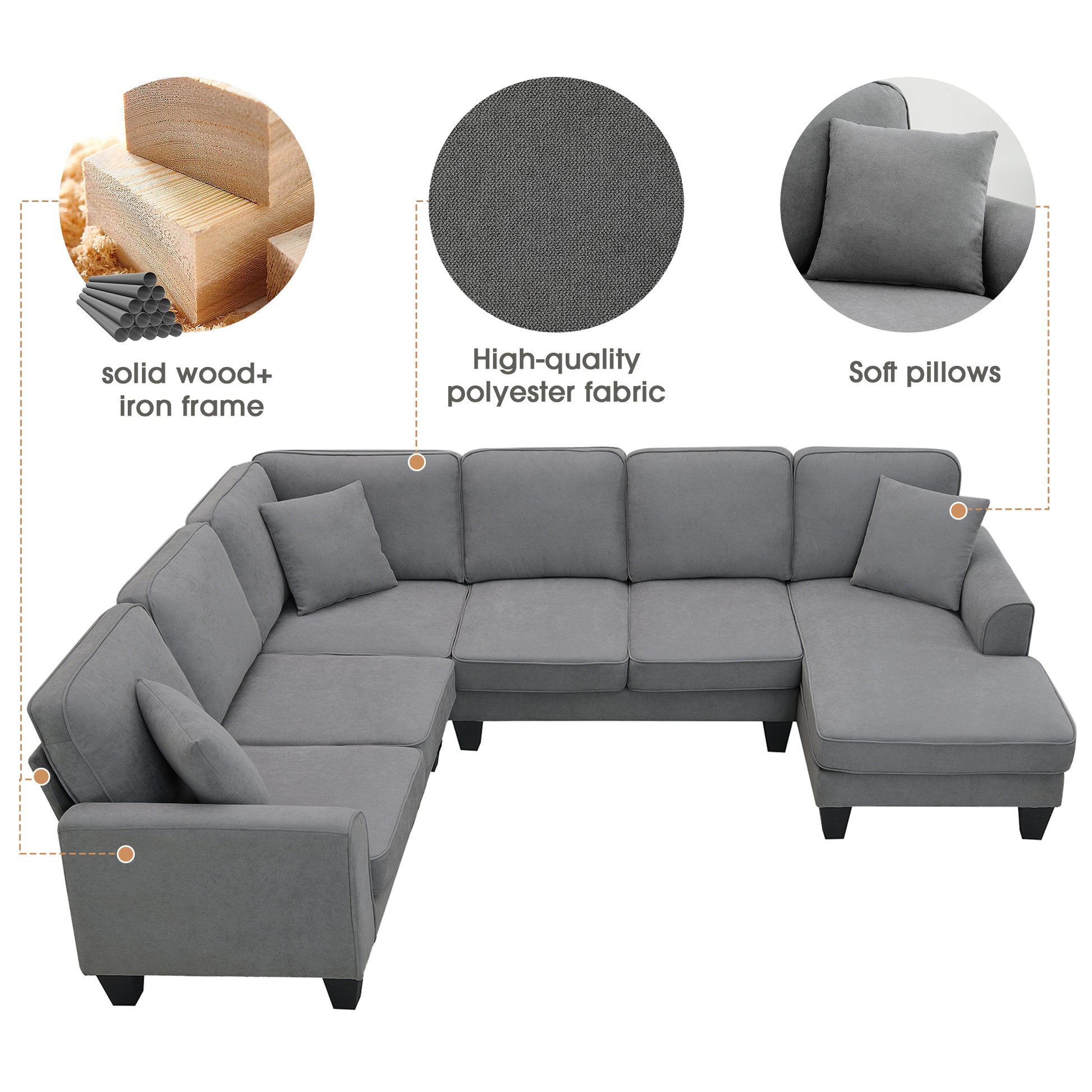 108*85.5" Modern U Shape Sectional Sofa, 7 Seat Fabric Sectional Sofa Set With 3 Pillows Included For Living Room, Apartment, Office,3 Colors Dark Grey Fabric