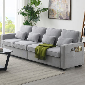 104" 4 Seater Modern Linen Fabric Sofa With Armrest Pockets And 4 Pillows,Minimalist Style Couch For Living Room, Apartment, Office,3 Colors Light Grey Fabric 4 Seat