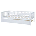 Twin Size Wood Daybed With Trundle And Fence Guardrails, White Twin White Solid Wood Mdf