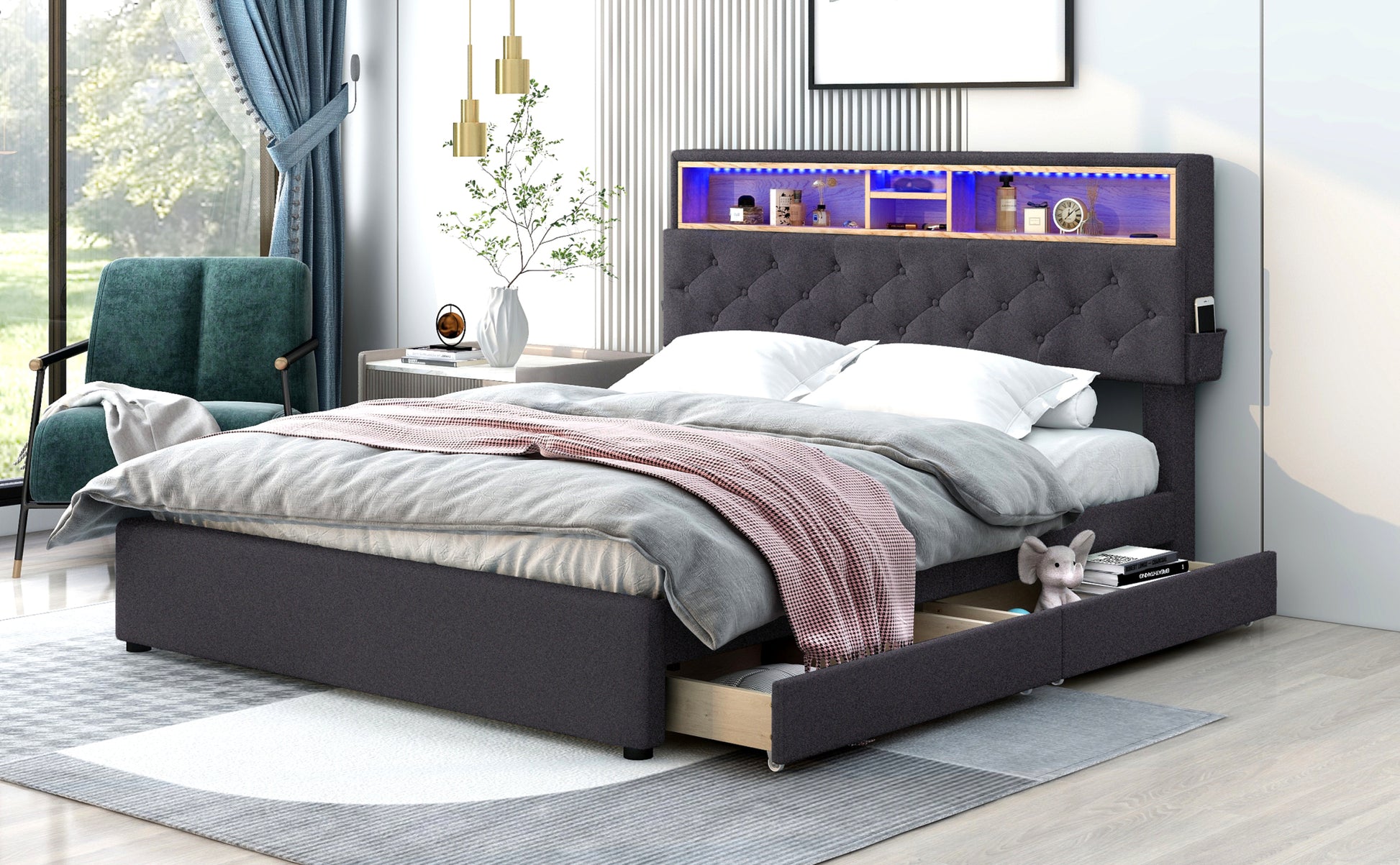 Queen Size Upholstered Platform Bed With Storage Headboard, Led, Usb Charging And 2 Drawers, Dark Gray Dark Gray Upholstered