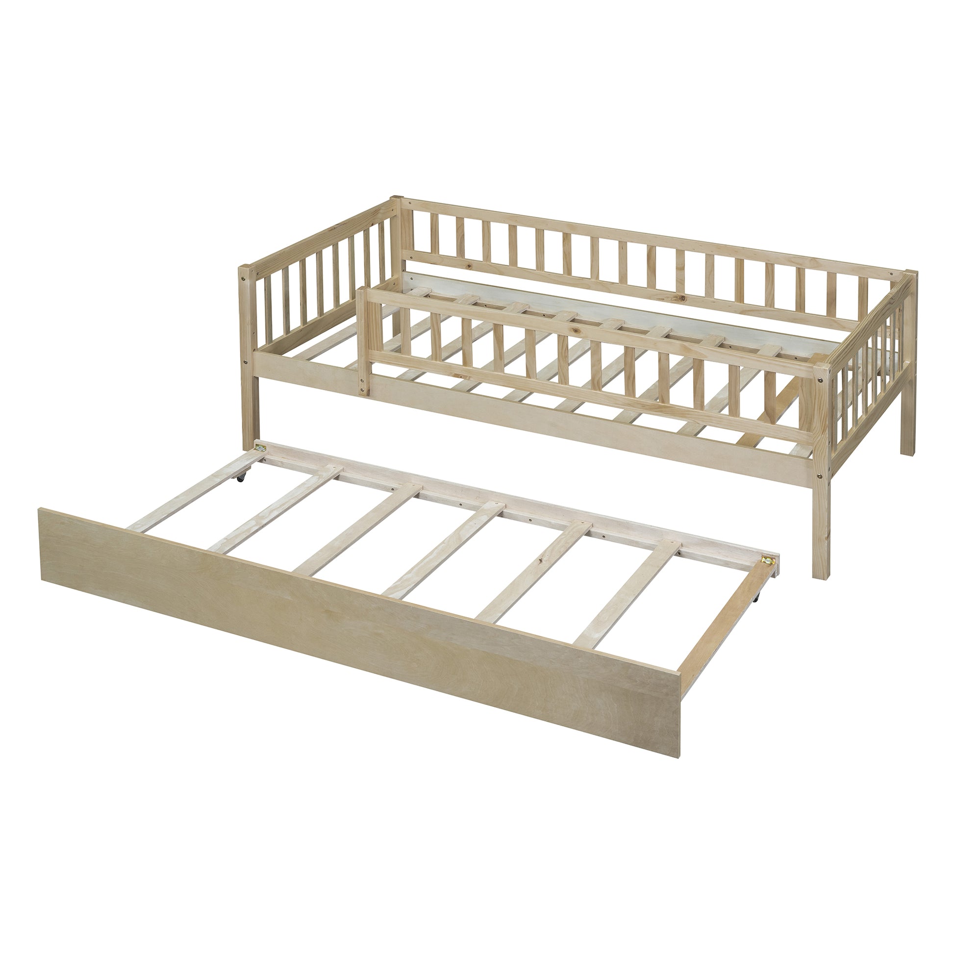 Twin Size Wood Daybed With Trundle And Fence Guardrails, Natural Twin Natural Solid Wood Mdf