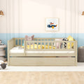 Full Size Wood Daybed With Trundle And Fence Guardrails, Natural Full Natural Solid Wood Mdf