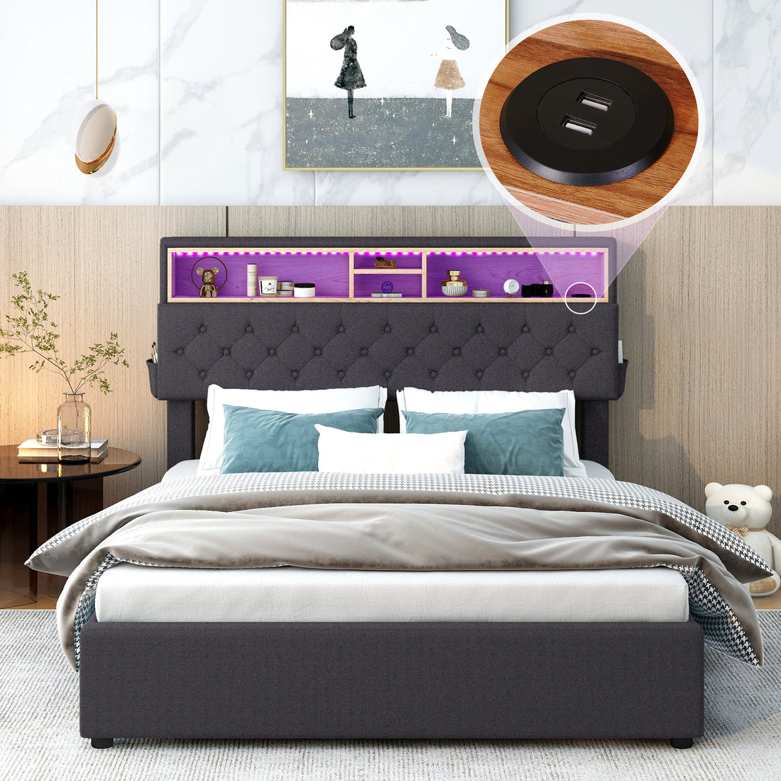 Full Size Upholstered Platform Bed With Storage Headboard, Led, Usb Charging And 2 Drawers, Dark Gray Box Spring Not Required Dark Gray Wood Linen Upholstered