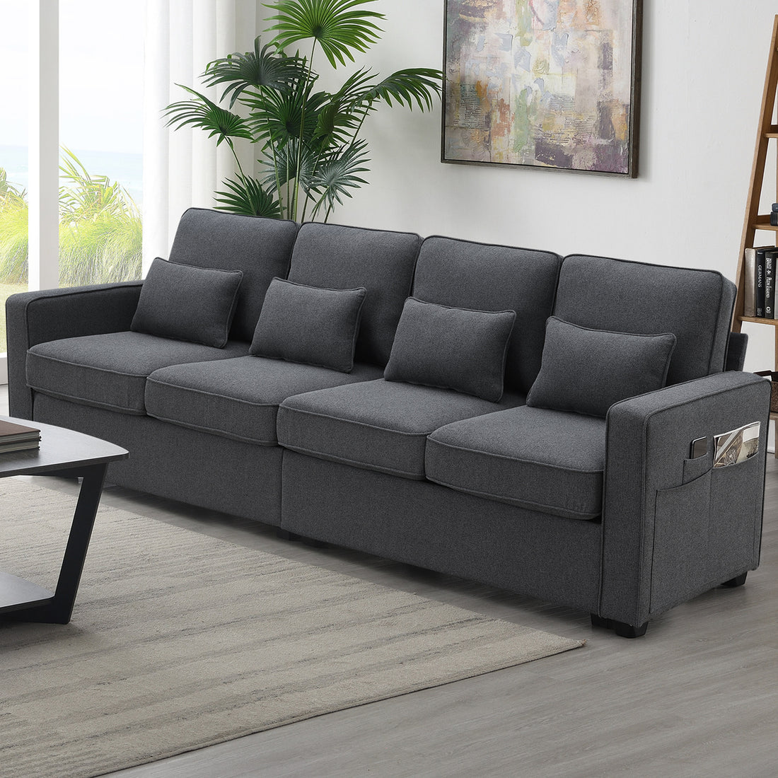 104" 4 Seater Modern Linen Fabric Sofa With Armrest Pockets And 4 Pillows,Minimalist Style Couch For Living Room, Apartment, Office,3 Colors Dark Grey Fabric 4 Seat