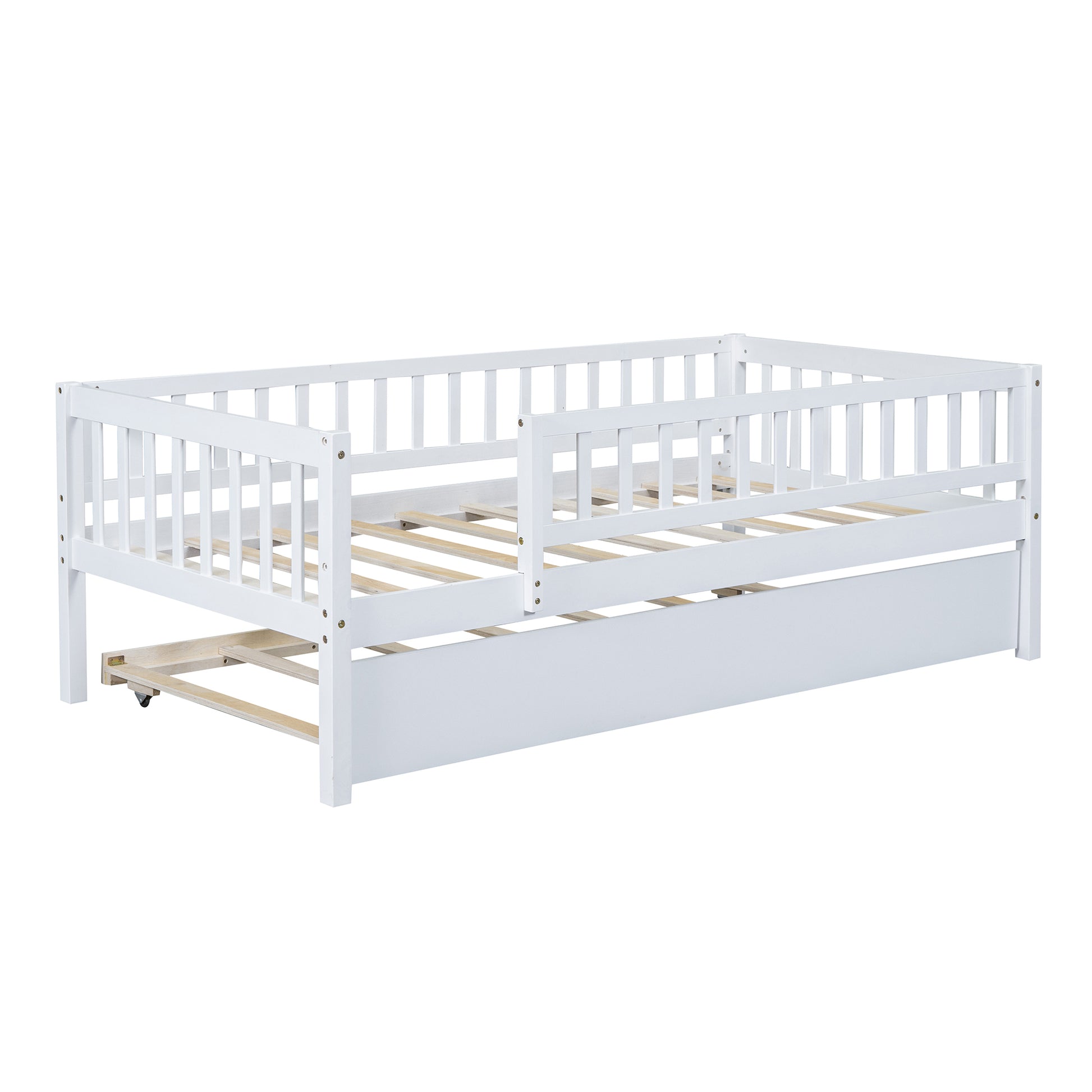 Twin Size Wood Daybed With Trundle And Fence Guardrails, White Twin White Solid Wood Mdf