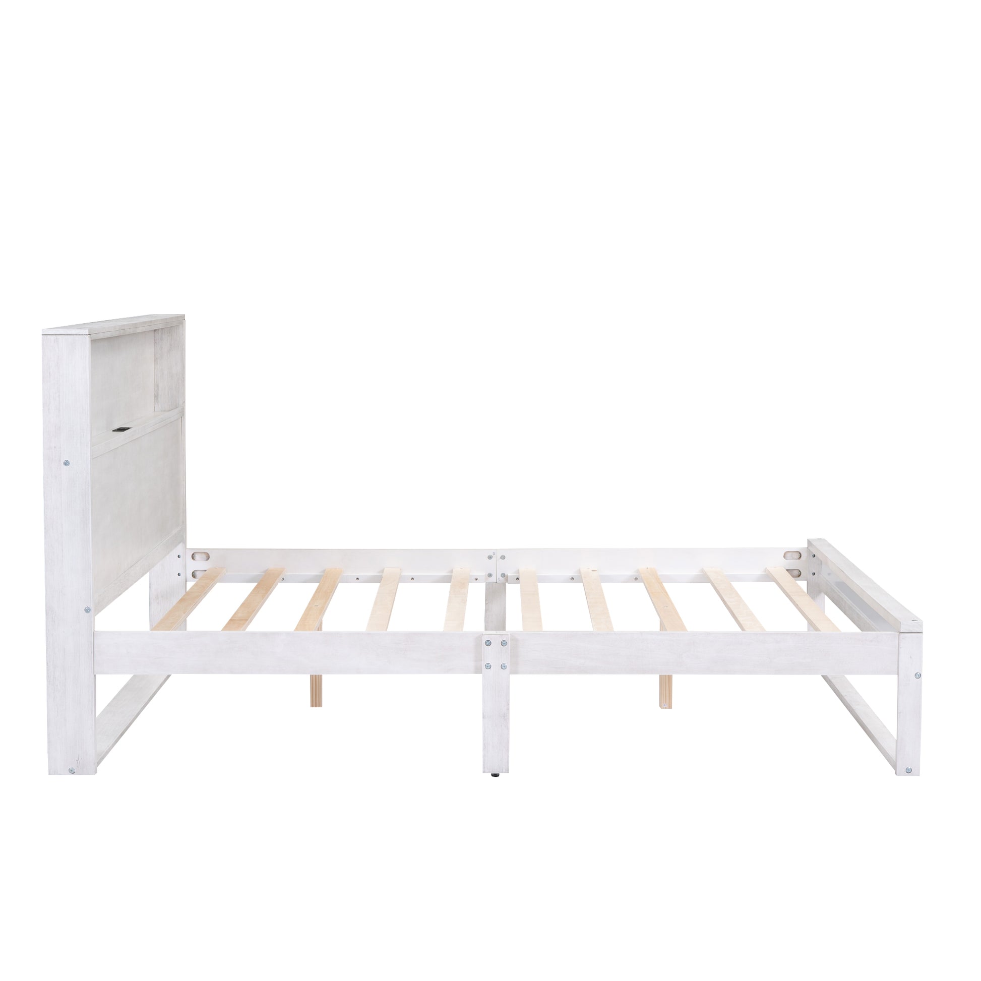 Platform Bed With Storage Headboard,Sockets And Usb Ports,Queen Size Platform Bed,Antique White Antique White Wood