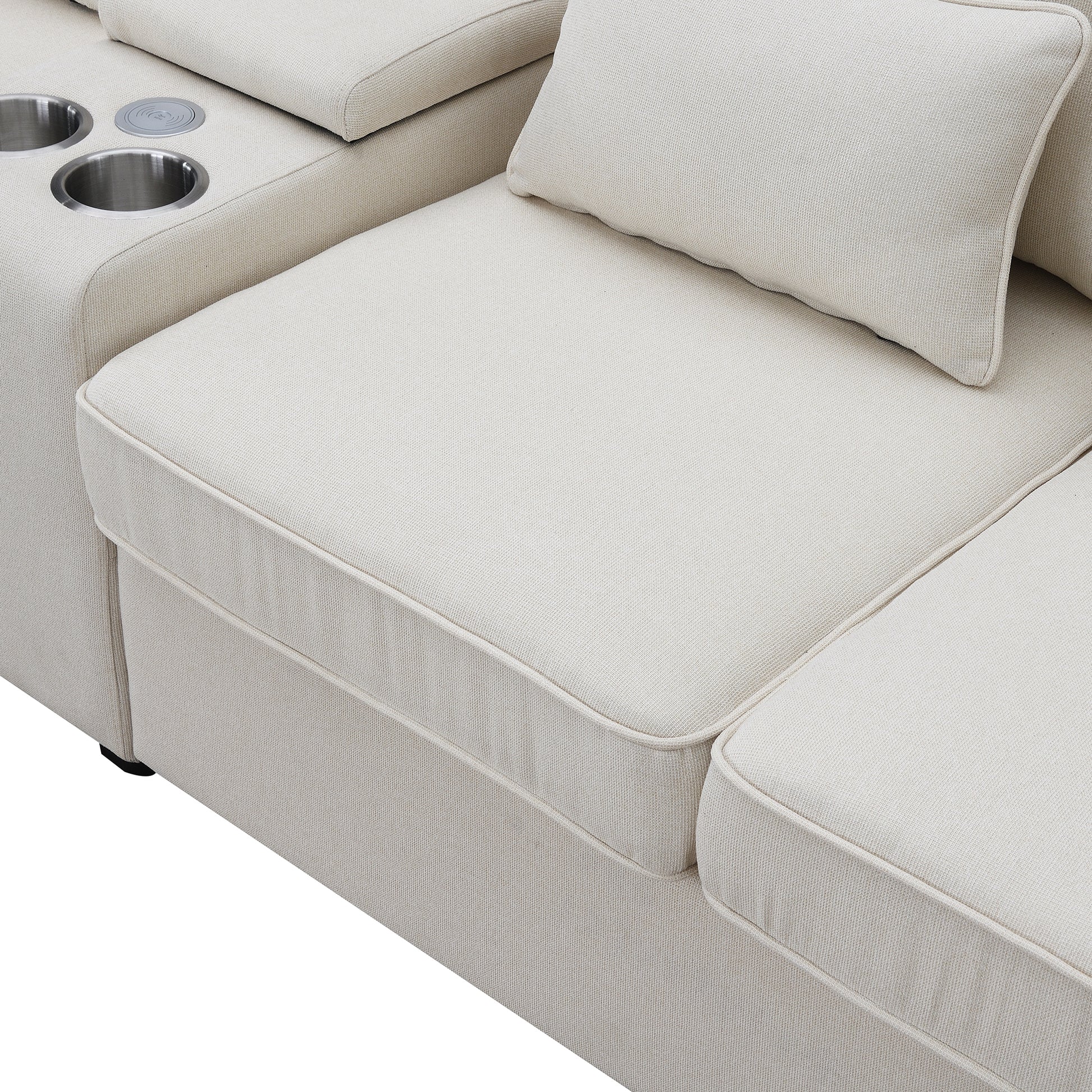 114.2" Upholstered Sofa With Console, 2 Cupholders And 2 Usb Ports Wired Or Wirelessly Charged, Modern Linen Fabric Couches With 4 Pillows For Living Room, Apartment 4 Seat Beige Fabric 4 Seat