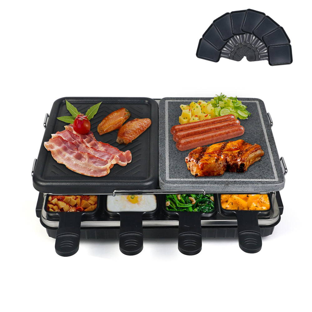 Dual Raclette Table Grill W Non Stick Grilling Plate & Cooking Stone 8 Person Electric Tabletop Cooker For Korean Bbq Melt Cheese, Cook Meat & Veggies At Once Black Iron Plastic Metal