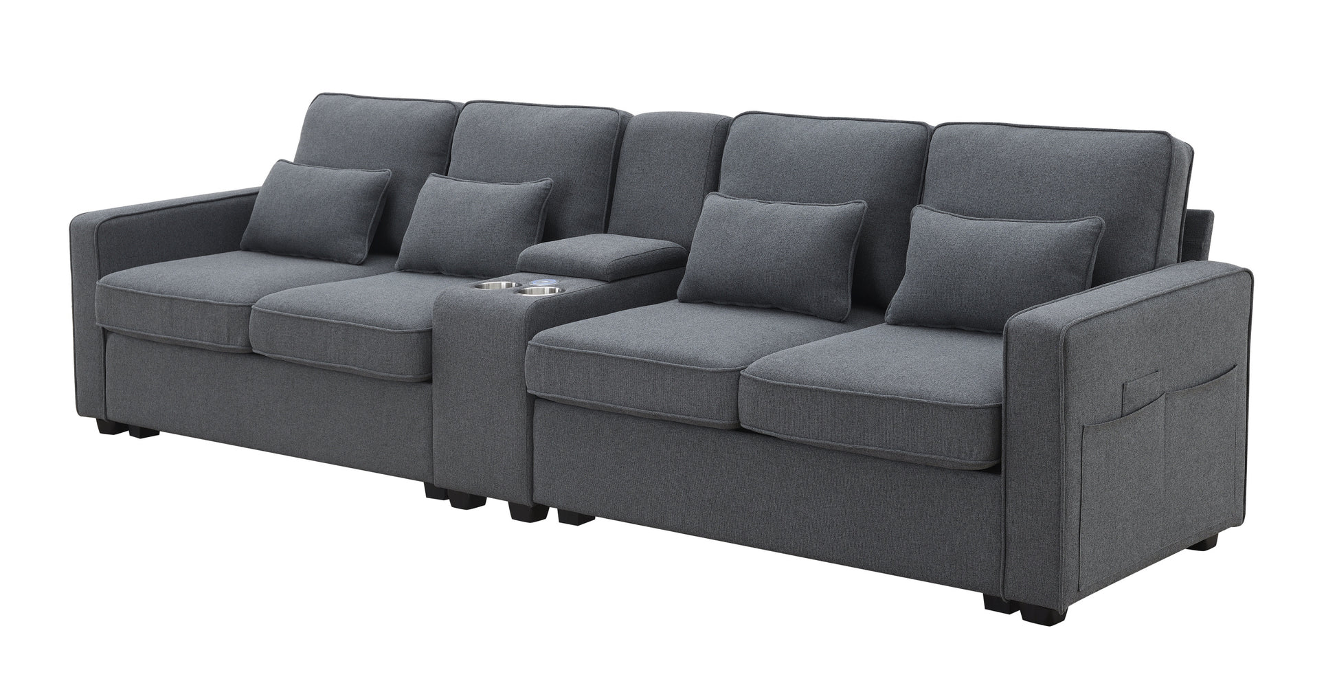 114.2" Upholstered Sofa With Console, 2 Cupholders And 2 Usb Ports Wired Or Wirelessly Charged, Modern Linen Fabric Couches With 4 Pillows For Living Room, Apartment 4 Seat Dark Grey Fabric 4 Seat